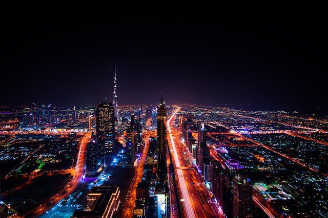 Night view of Dubai skyline 