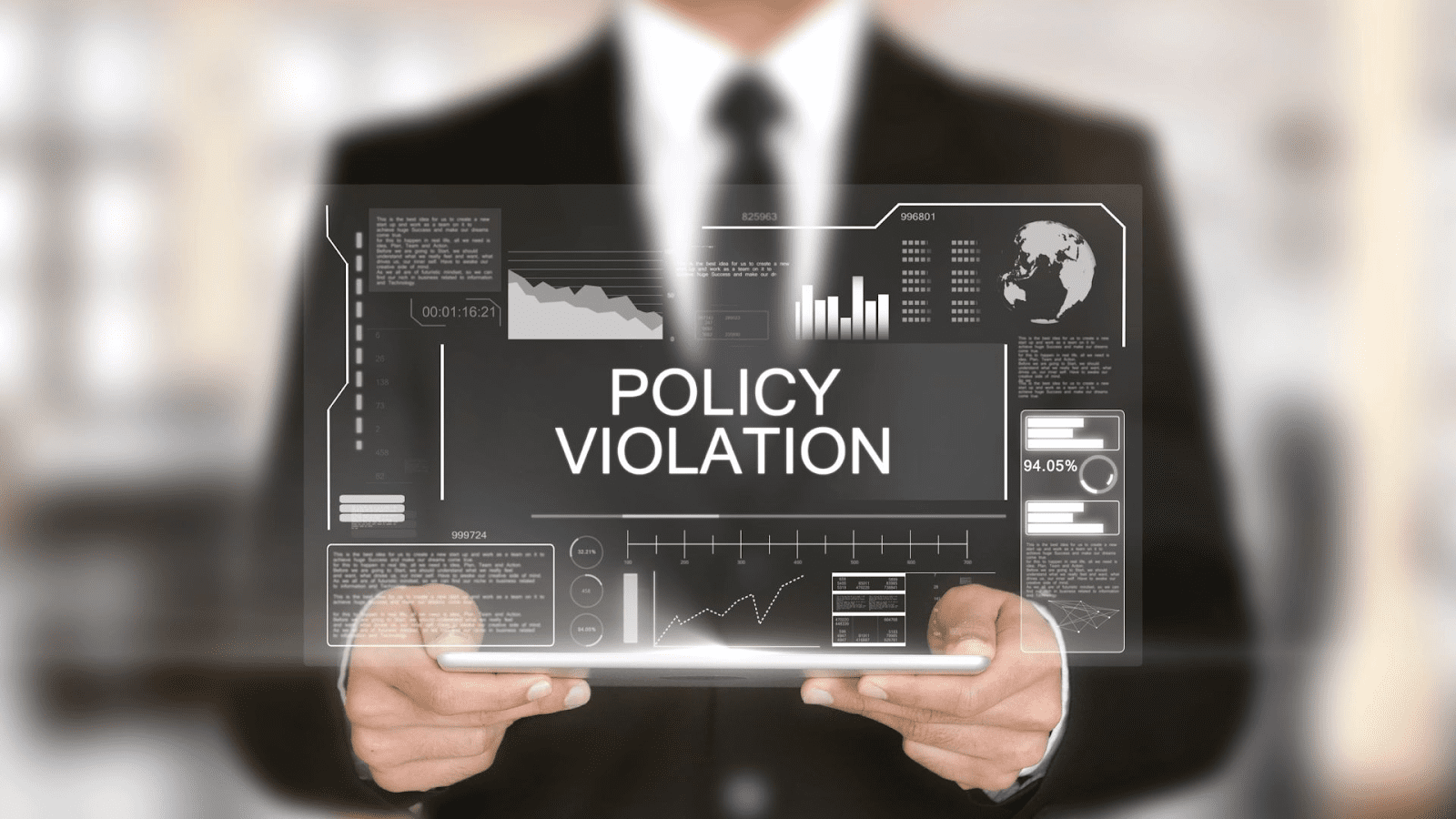 The image displays a person in a business suit holding a transparent futuristic display, which shows various graphs, figures, and text, prominently featuring the words "POLICY VIOLATION". The graphical elements suggest a dashboard or report typically used in corporate or analytical settings to monitor performance, compliance, or other metrics. The focus on "POLICY VIOLATION" indicates that the display might be used to report or track instances of non-compliance within an organization.